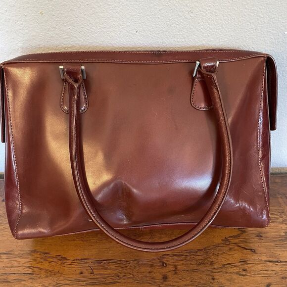 HOBO International VTG Purse Red Brown Polished Leather Bag Zip Two Handles - Picture 3 of 15